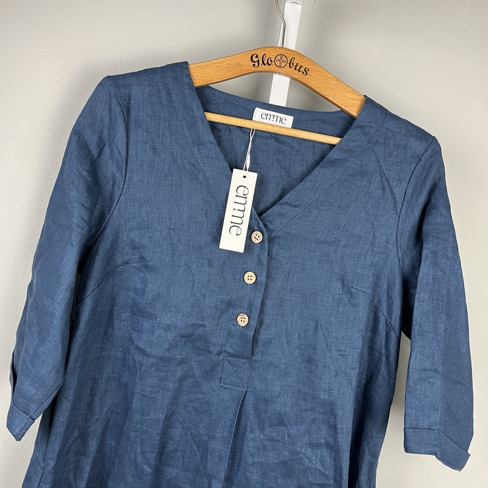 Emme Maternity Blue Linen Dress Womens‎ M Lagenlook Minimalist Breezy New NWT